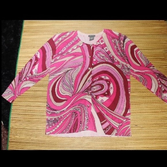 Ann Taylor Sweaters - Ann Taylor Pink Mod Swirl Crystal Buttons Silk Blend Cardigan Sweater